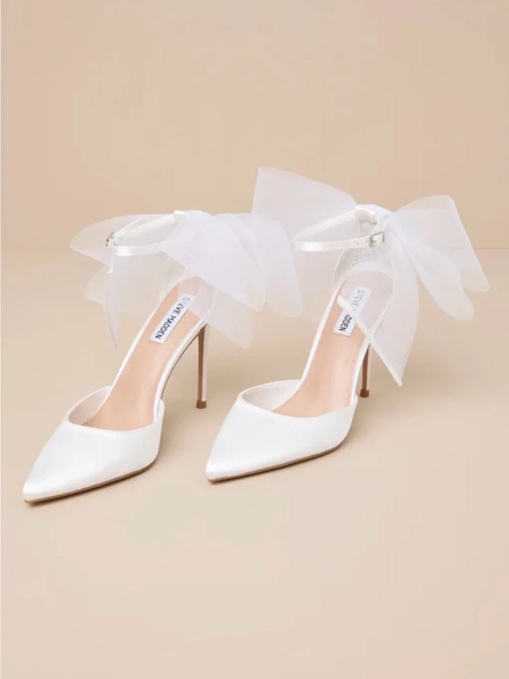 Steve Madden Valenteen White Satin Pointed-Toe Ankle-Strap Heels with Sheer Bow